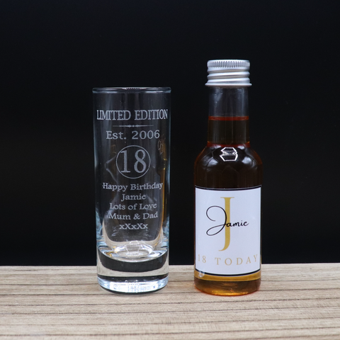 Personalised 18th Birthday Est 2006 Limited Edition Shot Glass & Gold Initial Miniature Alcohol Bottle