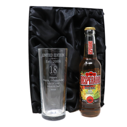 Personalised 18th Birthday Est 2006 Pint Glass & Bottle Gift Set In Silk Gift Box