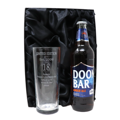 Personalised 18th Birthday Est 2006 Pint Glass & Bottle Gift Set In Silk Gift Box