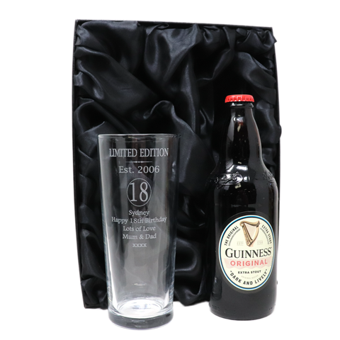 Personalised 18th Birthday Est 2006 Pint Glass & Bottle Gift Set In Silk Gift Box