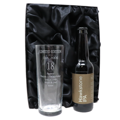 Personalised 18th Birthday Est 2006 Pint Glass & Bottle Gift Set In Silk Gift Box