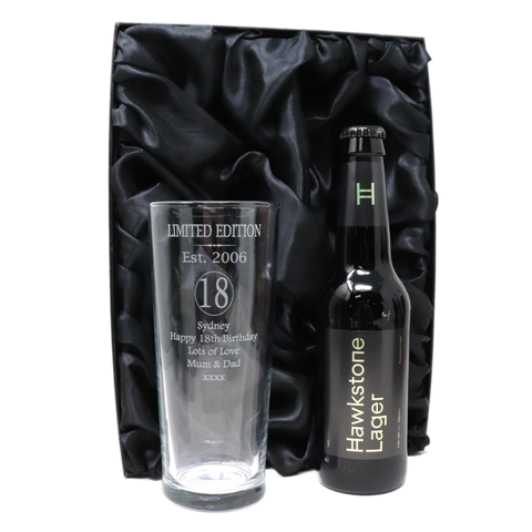 Personalised 18th Birthday Est 2006 Pint Glass & Bottle Gift Set In Silk Gift Box