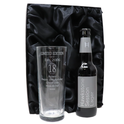 Personalised 18th Birthday Est 2006 Pint Glass & Bottle Gift Set In Silk Gift Box