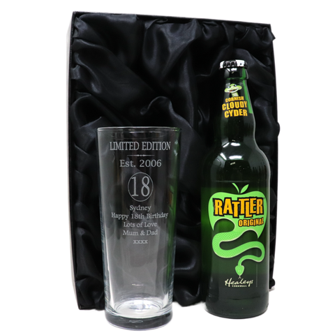 Personalised 18th Birthday Est 2006 Pint Glass & Bottle Gift Set In Silk Gift Box