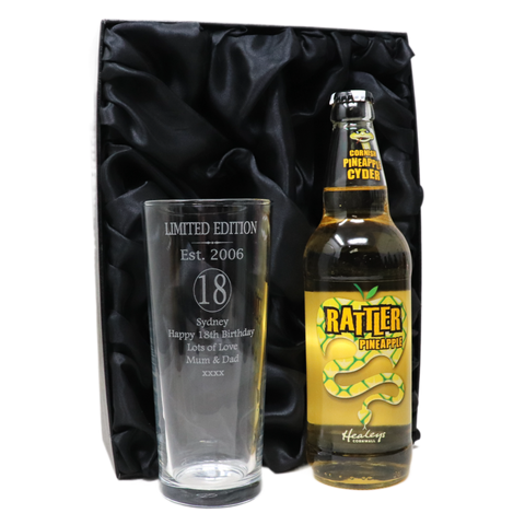 Personalised 18th Birthday Est 2006 Pint Glass & Bottle Gift Set In Silk Gift Box