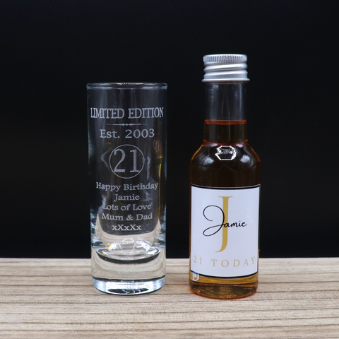Personalised 21st Birthday Est 2003 Limited Edition Shot Glass & Gold Initial Miniature Alcohol Bottle