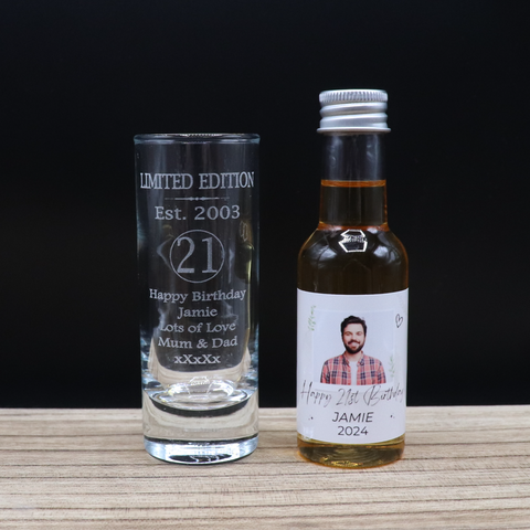 Personalised 21st Birthday Est 2003 Limited Edition Shot Glass & Heart Photo Miniature Alcohol Bottle