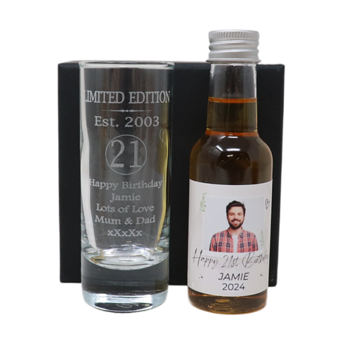 Personalised 21st Birthday Est 2003 Limited Edition Shot Glass & Heart Photo Miniature Alcohol Bottle