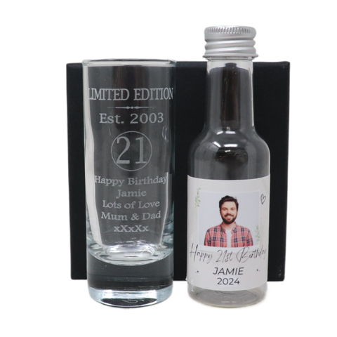 Personalised 21st Birthday Est 2003 Limited Edition Shot Glass & Heart Photo Miniature Alcohol Bottle
