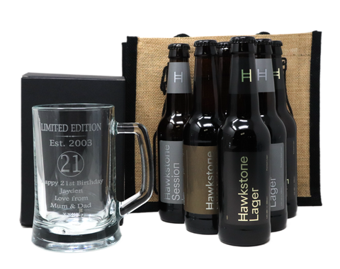 Personalised Pint Glass Tankard & 6 Bottles of Hawkstone Beer Gift Set - 21st Birthday Design