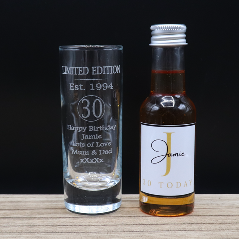 Personalised 30th Birthday Est 1994 Limited Edition Shot Glass & Gold Initial Miniature Alcohol Bottle