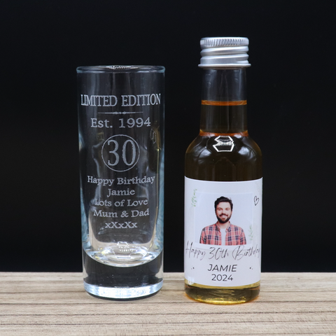 Personalised 30th Birthday Est 1994 Limited Edition Shot Glass & Heart Photo Miniature Alcohol Bottle