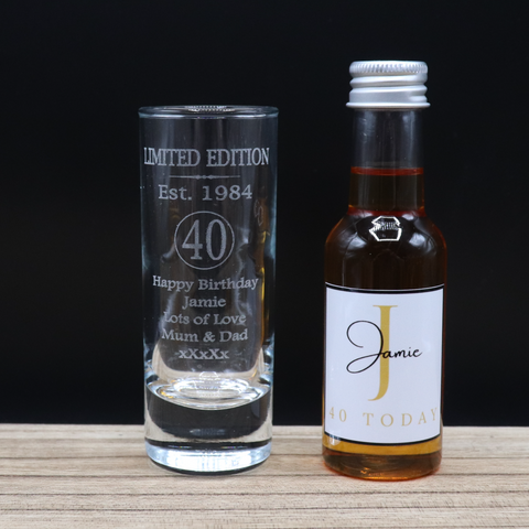 Personalised 40th Birthday Est 1984 Limited Edition Shot Glass & Gold Initial Miniature Alcohol Bottle