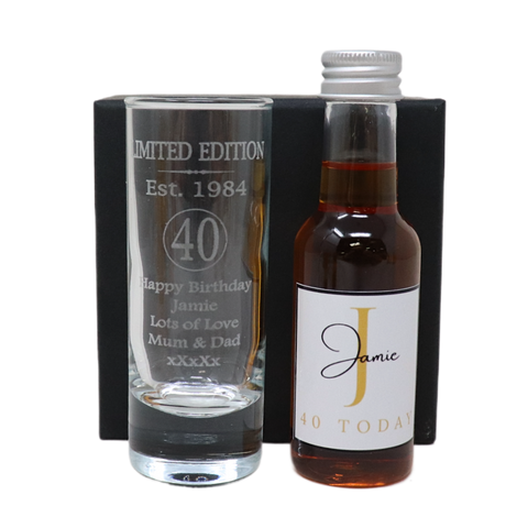 Personalised 40th Birthday Est 1984 Limited Edition Shot Glass & Gold Initial Miniature Alcohol Bottle