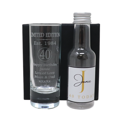 Personalised 40th Birthday Est 1984 Limited Edition Shot Glass & Gold Initial Miniature Alcohol Bottle