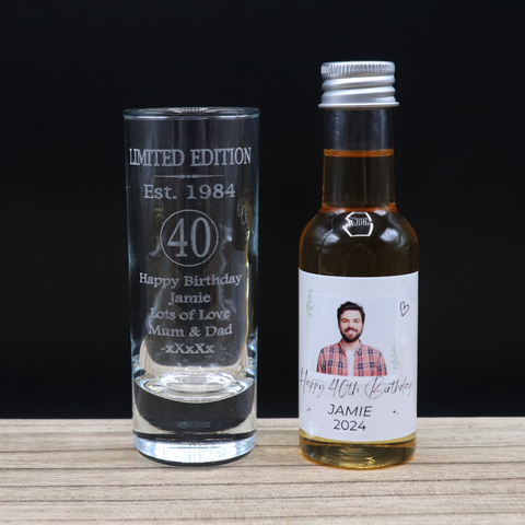 Personalised 40th Birthday Est 1984 Limited Edition Shot Glass & Heart Photo Miniature Alcohol Bottle