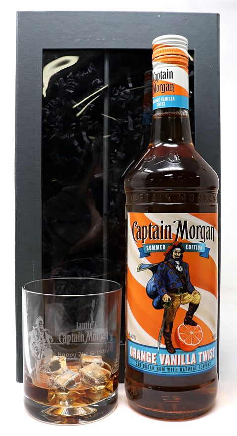 Personalised Glass Tumbler & 70cl Spiced Rum - Captain Morgan Pirate Design