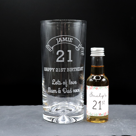 Personalised Birthday Age Highball Glass & Roses Miniature Alcohol Bottle