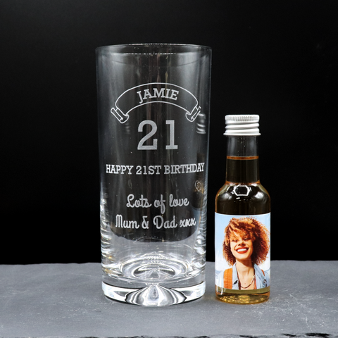 Personalised Birthday Age Highball Glass & Photo Miniature Alcohol Bottle