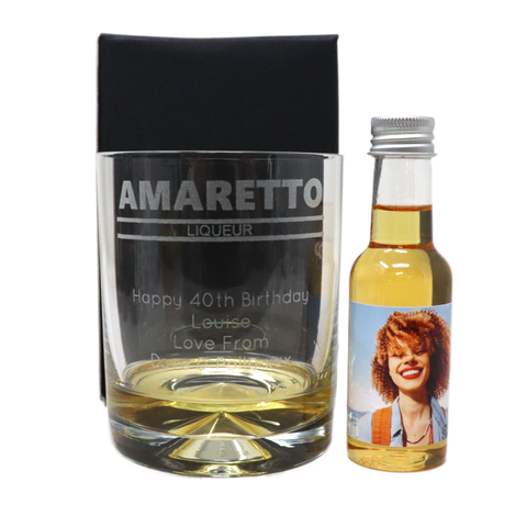 Personalised Amaretto Glass Tumbler & Photo Design Miniature Bottle of Amaretto