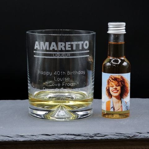 Personalised Amaretto Glass Tumbler & Photo Design Miniature Bottle of Amaretto