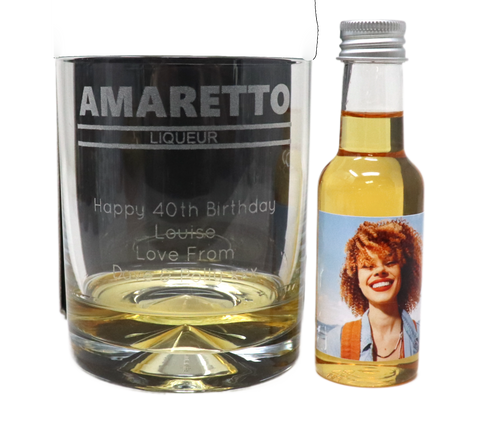 Personalised Amaretto Glass Tumbler & Photo Design Miniature Bottle of Amaretto