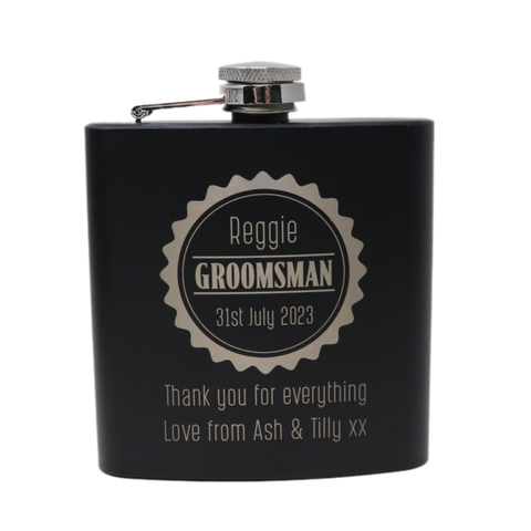 Personalised Black Hip Flask - Best Man Wedding Badge Design