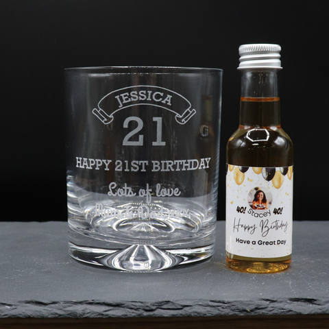Personalised Birthday Age Glass Tumbler & Balloons Photo Miniature Alcohol Gift Set