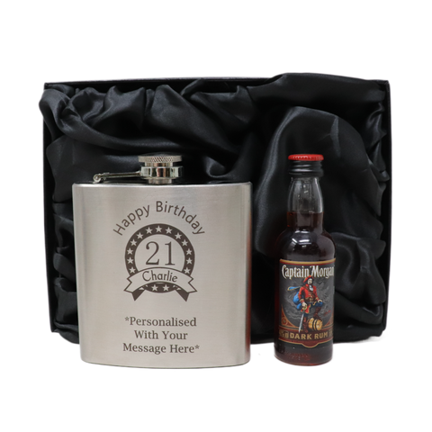Personalised Silver Birthday Hip Flask & Miniature Alcohol Bottle