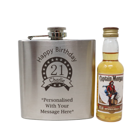 Personalised Silver Hip Flask & Miniature Alcohol - Birthday Design