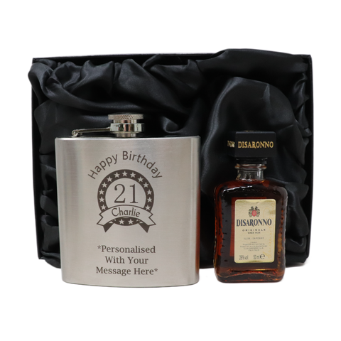 Personalised Silver Birthday Hip Flask & Miniature Alcohol Bottle