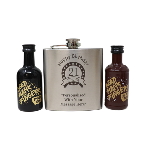Personalised Silver Birthday Hip Flask & Miniature Alcohol Bottle