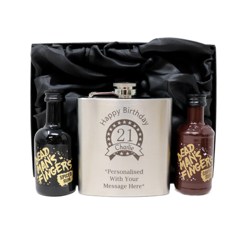 Personalised Silver Birthday Hip Flask & Miniature Alcohol Bottle