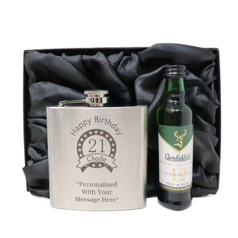 Personalised Silver Hip Flask & Miniature Alcohol - Birthday Design