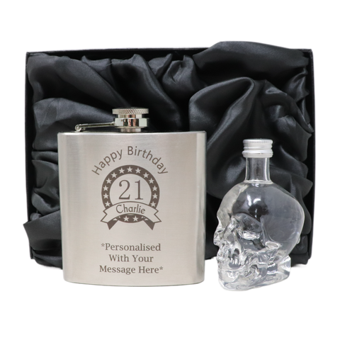 Personalised Silver Hip Flask & Miniature Alcohol - Birthday Design