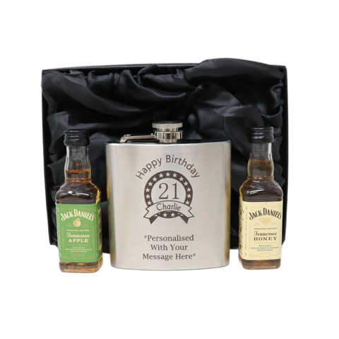 Personalised Silver Birthday Hip Flask & Miniature Alcohol Bottle