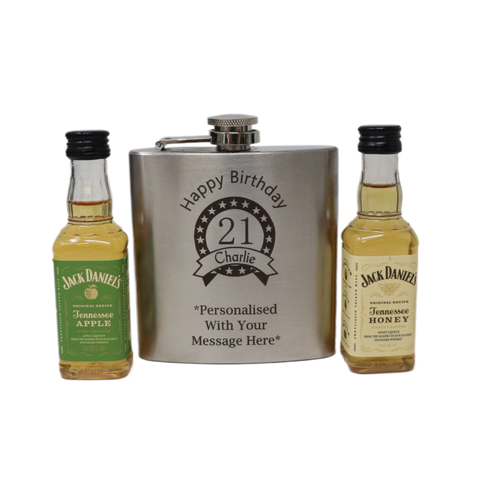 Personalised Silver Birthday Hip Flask & Miniature Alcohol Bottle