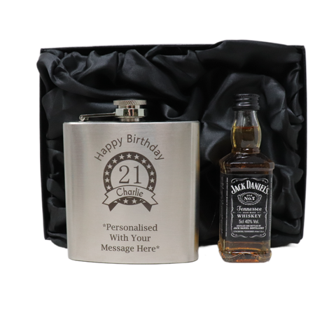 Personalised Silver Hip Flask & Miniature Alcohol - Birthday Design