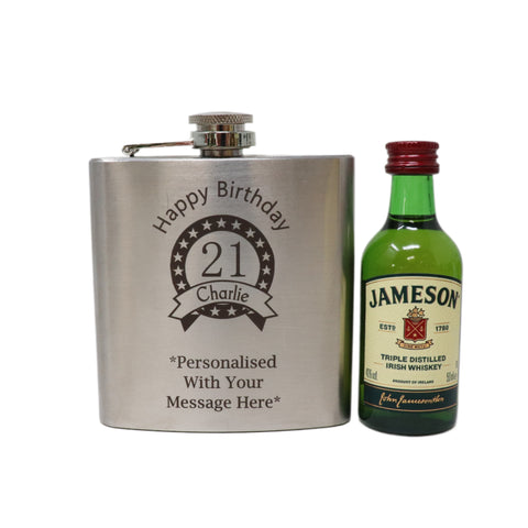 Personalised Silver Hip Flask & Miniature Alcohol - Birthday Design