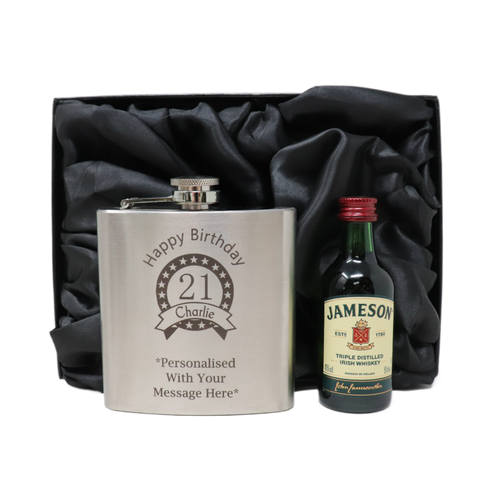 Personalised Silver Hip Flask & Miniature Alcohol - Birthday Design