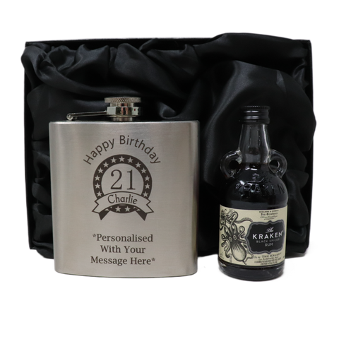 Personalised Silver Hip Flask & Miniature Alcohol - Birthday Design