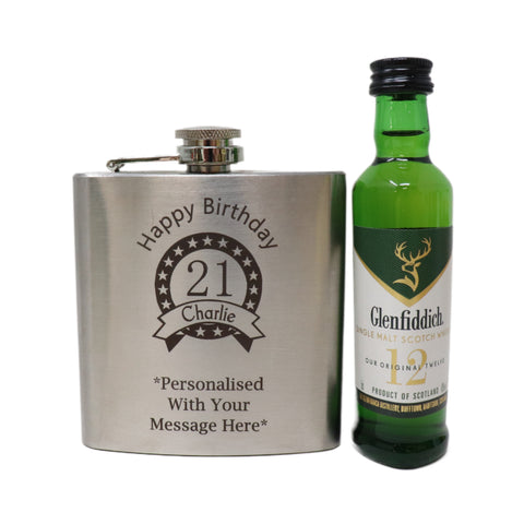 Personalised Silver Hip Flask & Miniature Alcohol - Birthday Design