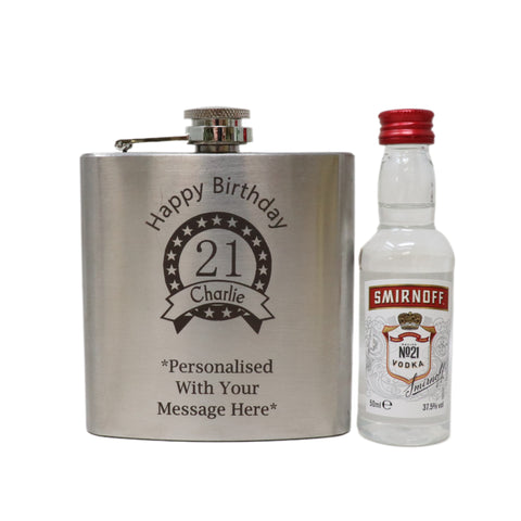 Personalised Silver Hip Flask & Miniature Alcohol - Birthday Design