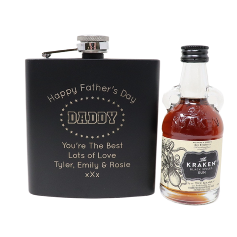 Personalised Black Hip Flask & Miniature - Father's Day Design