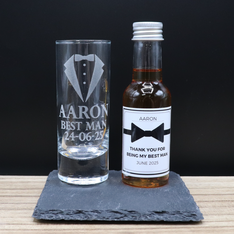 Personalised Best Man Wedding Shot Glass & Bow Tie Miniature Alcohol Gift Set