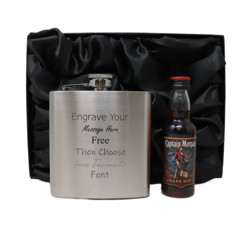 Personalised Engraved Silver Hip Flask & Miniature Alcohol Gift Set