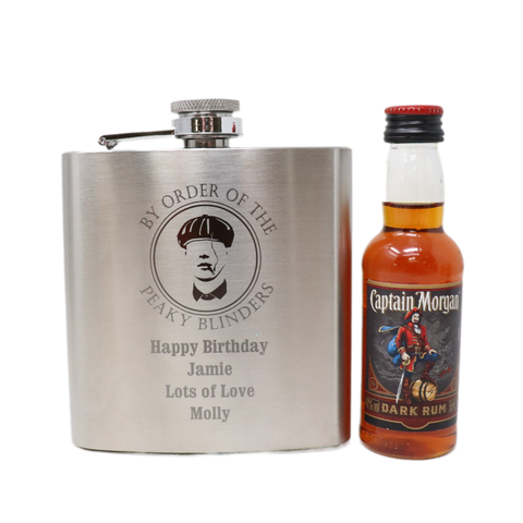 Personalised Silver Hip Flask & Miniature Alcohol - Peaky Blinders Design