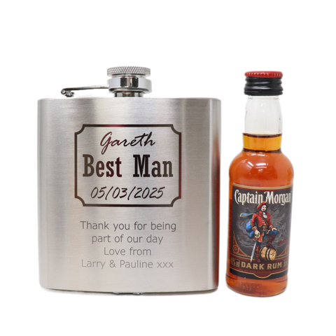 Personalised Silver Hip Flask & Miniature Alcohol - Best Man Wedding Design