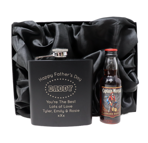Personalised Black Hip Flask & Miniature - Father's Day Design