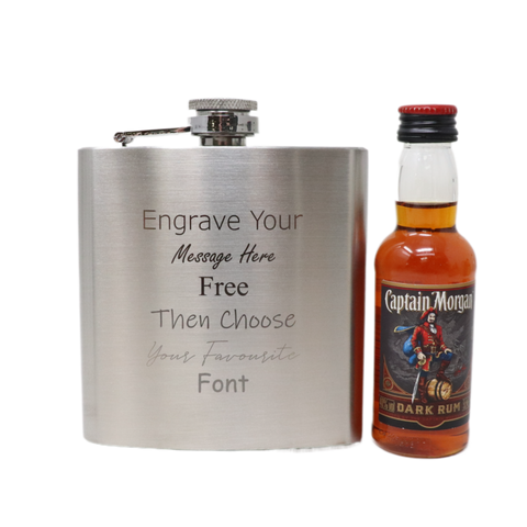 Personalised Engraved Silver Hip Flask & Miniature Alcohol Gift Set